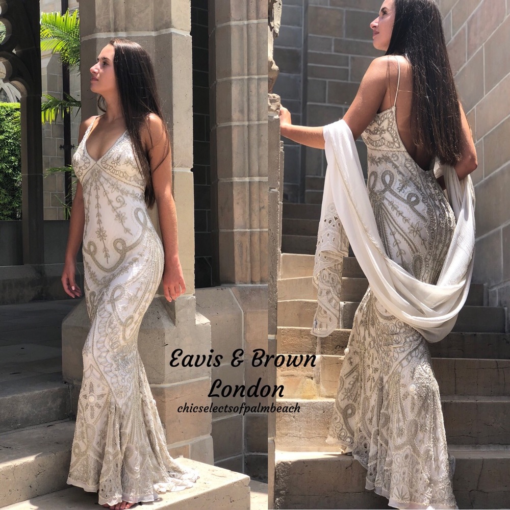 EAVIS & BROWN, LONDON BEIGE BEADED GOWN SIZE SMALL